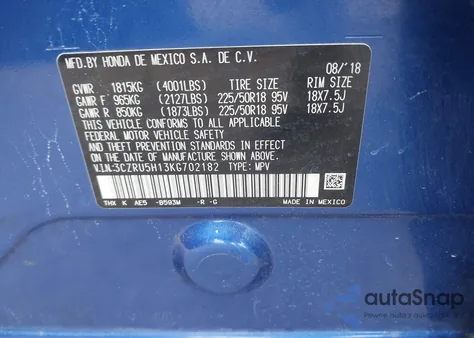 2019 Honda Hr-V Sport z USA, uszkodzony, nr VIN 3CZRU5H13KG702182